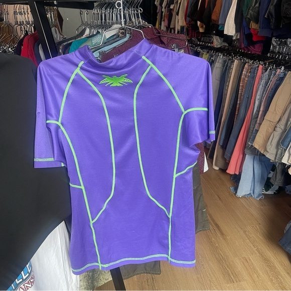 Mens Sankuanz Purple Embroidered Lime Green Biker Shortsleeve Small Top Runway - Picture 6 of 7